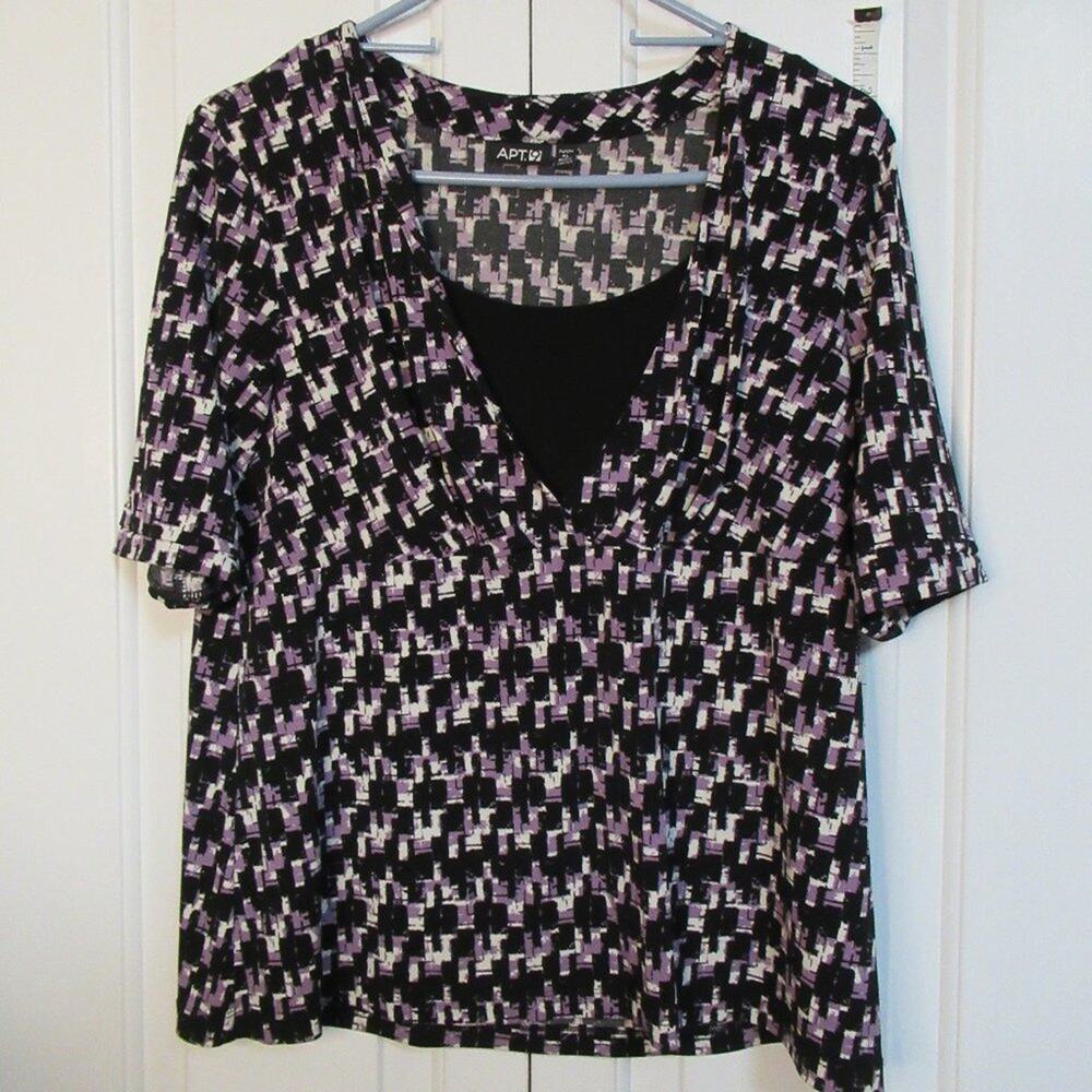 Purple Black White V-neck Blouse
